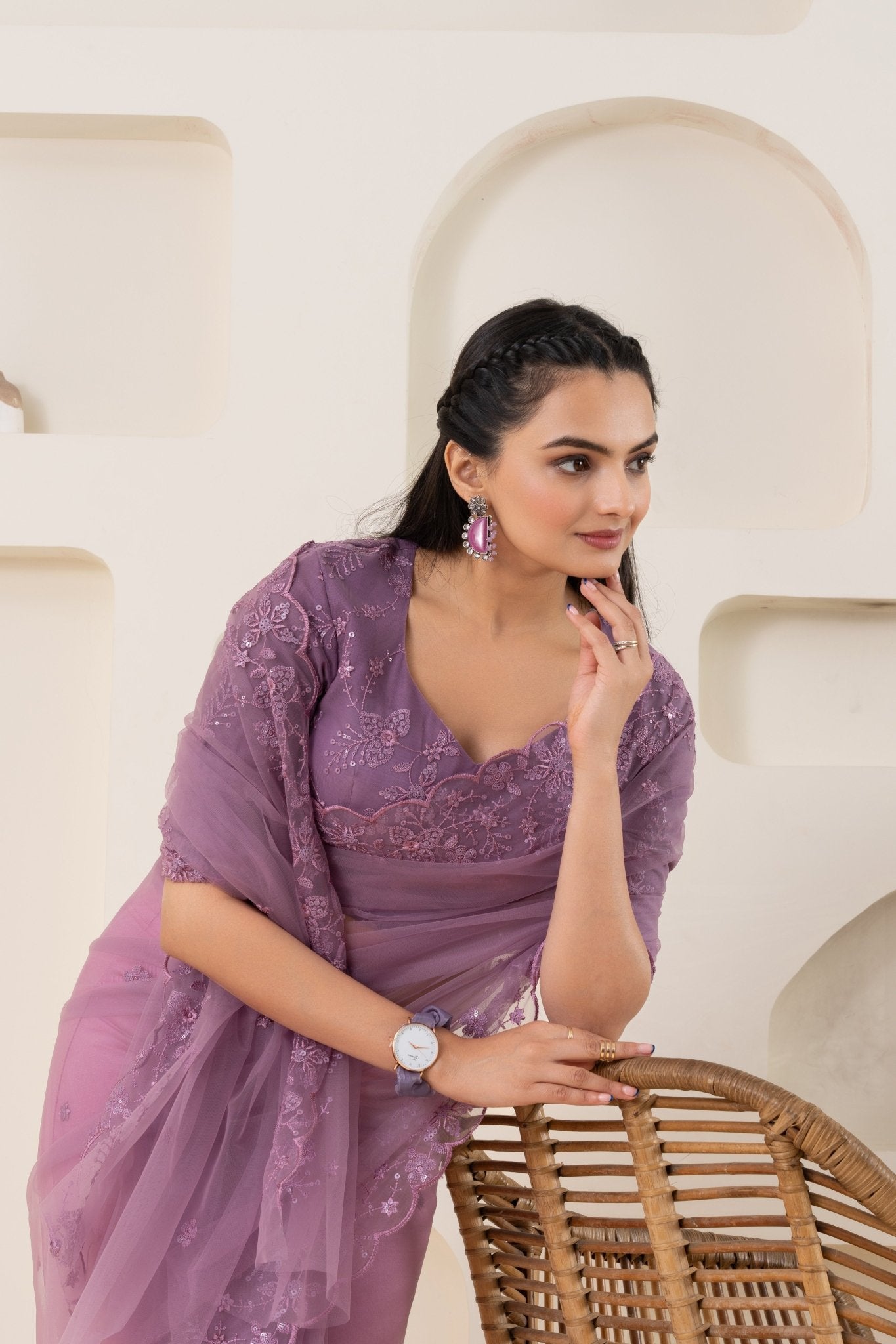 Lavender Embroidery Saree Set (Saree With Blouse Piece) - doeraa