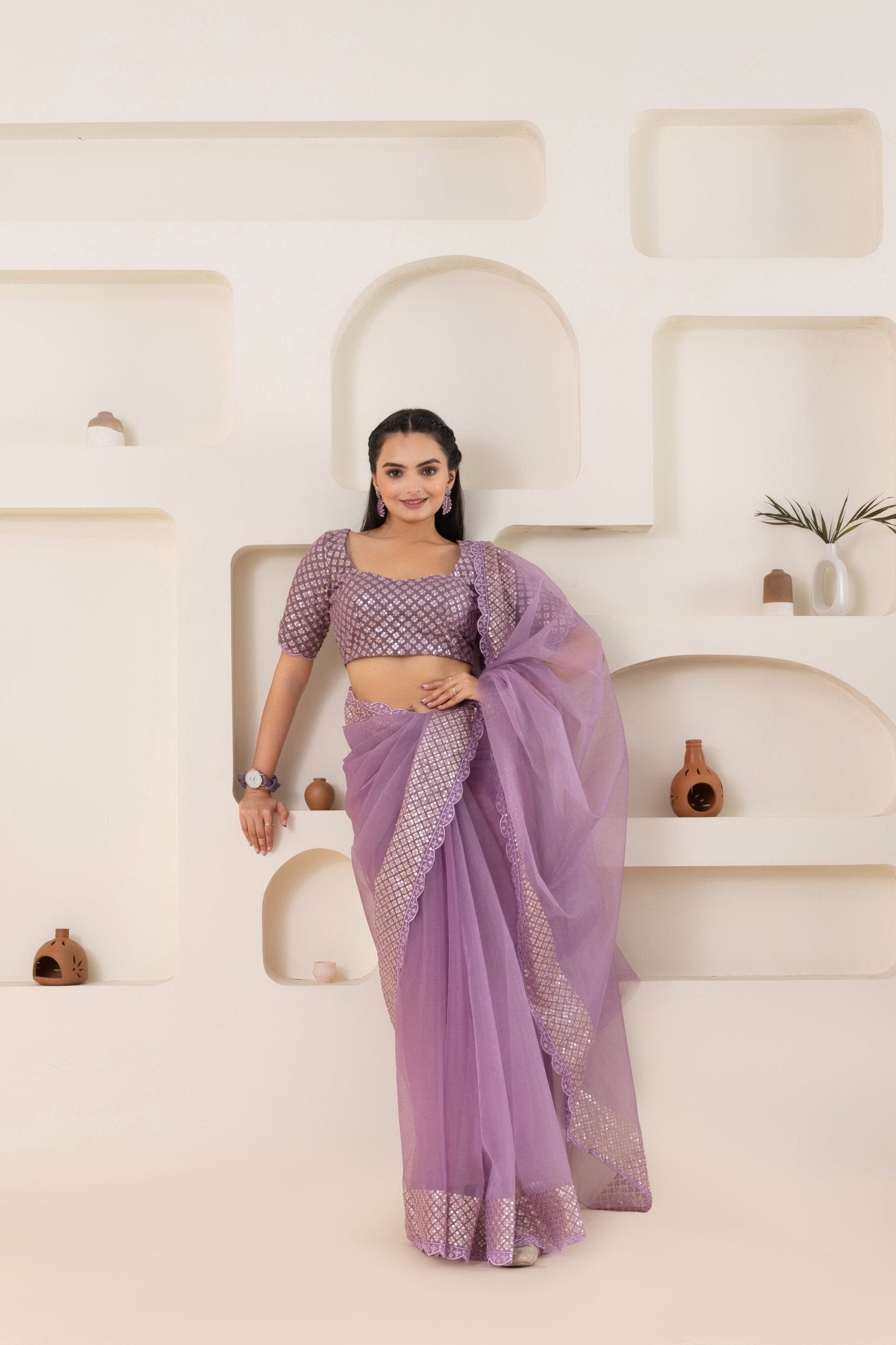 Lavender Embroidery Saree Set (Saree With Blouse Piece) - doeraa