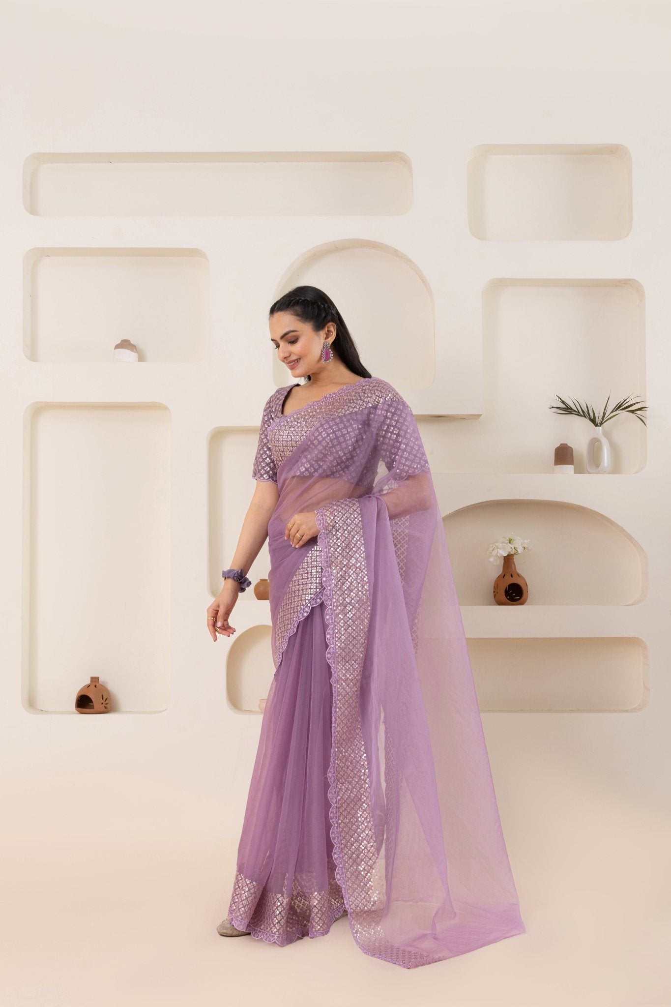 Lavender Embroidery Saree Set (Saree With Blouse Piece) - doeraa