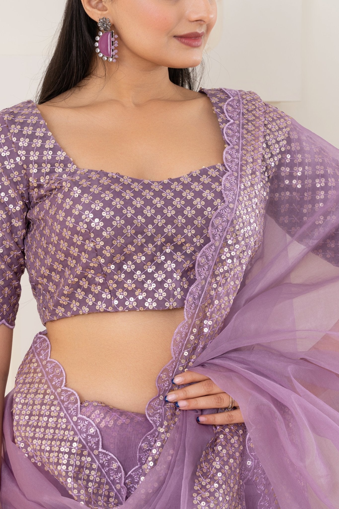 Lavender Embroidery Saree Set (Saree With Blouse Piece) - doeraa