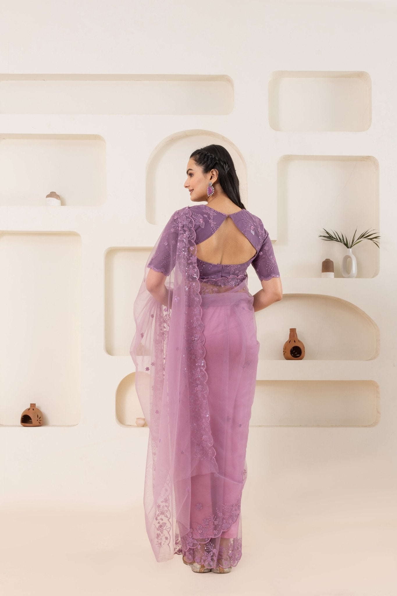 Lavender Embroidery Saree Set (Saree With Blouse Piece) - doeraa