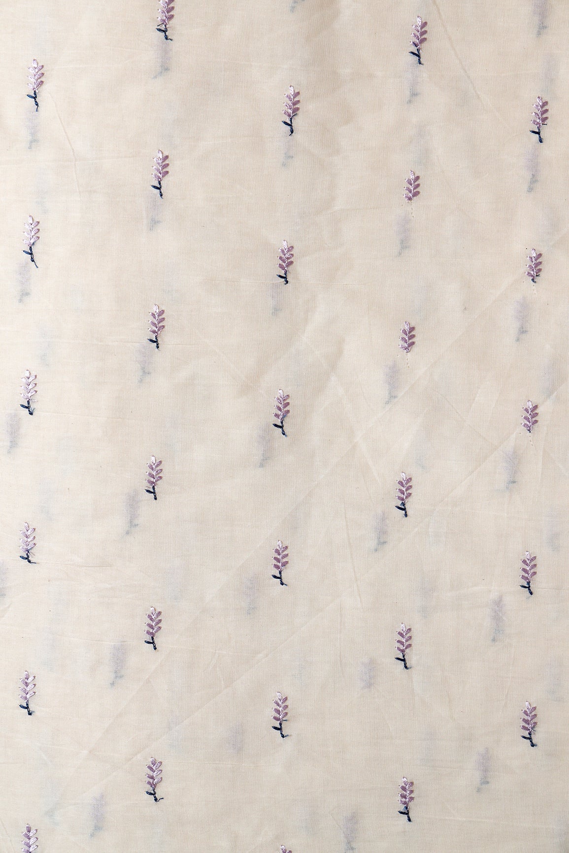 Lavender Small Leafy Embroidery On Off White Pure Cotton Fabric - doeraa