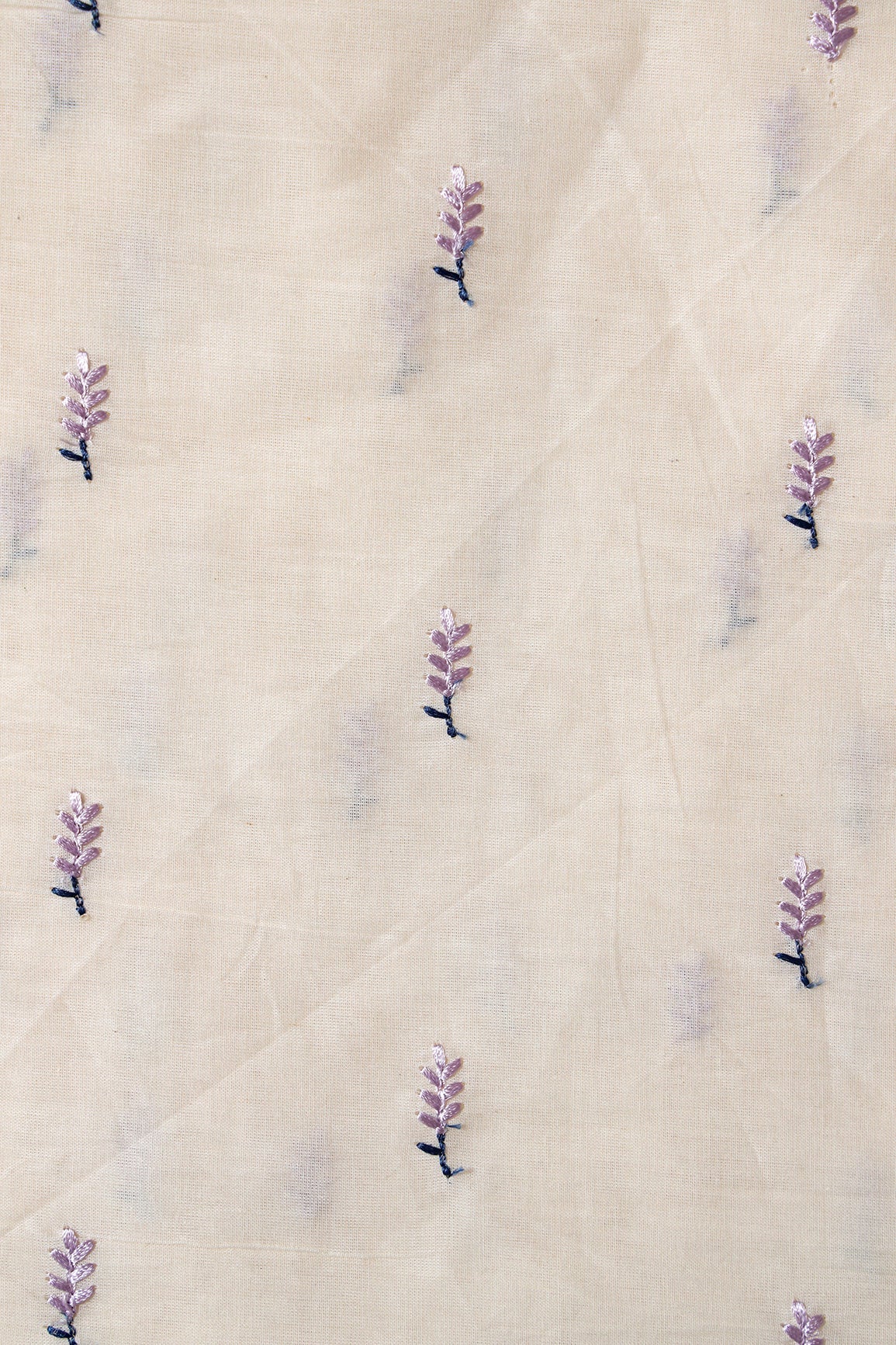 Lavender Small Leafy Embroidery On Off White Pure Cotton Fabric - doeraa