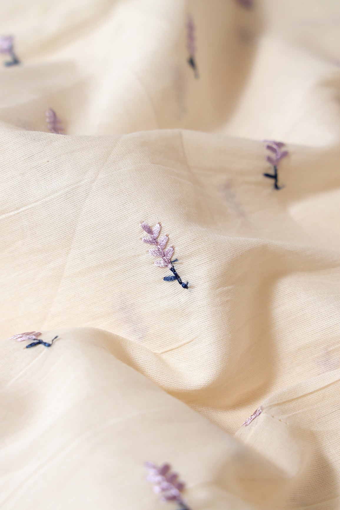 Lavender Small Leafy Embroidery On Off White Pure Cotton Fabric - doeraa