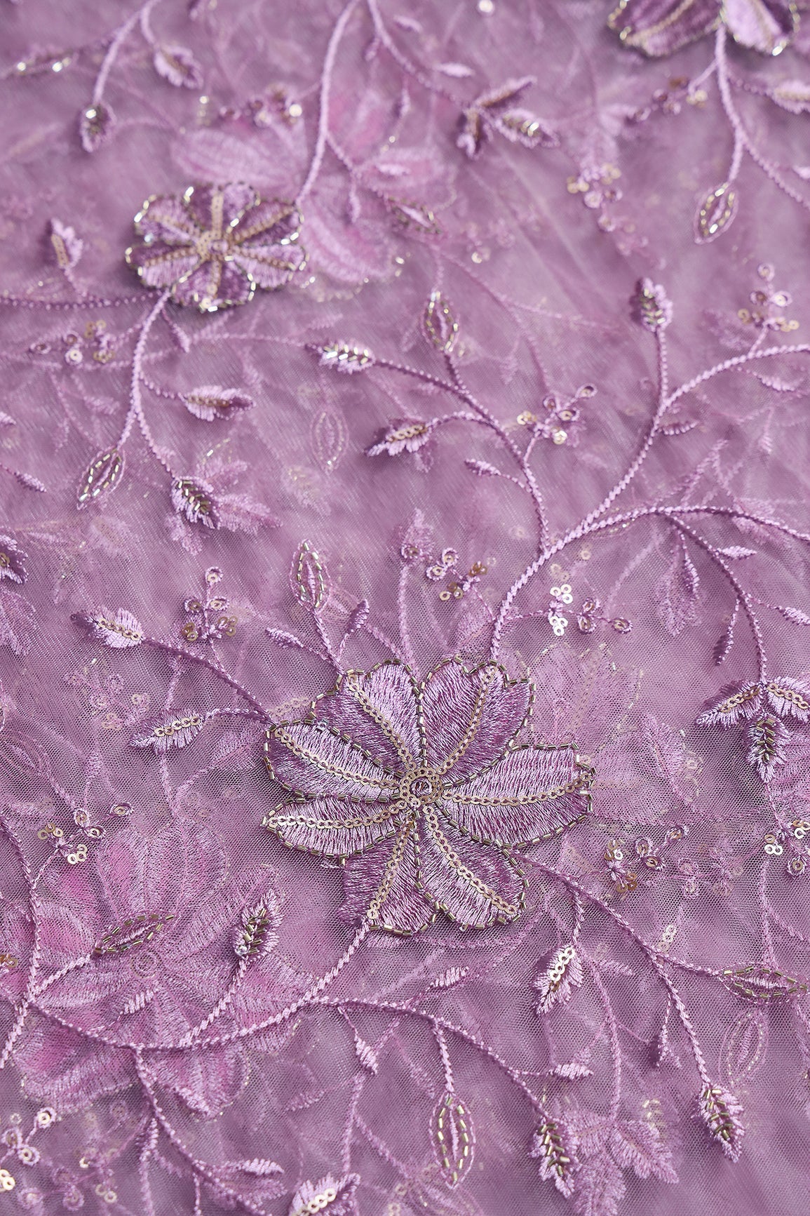 Lavender Thread & Beads With Gold Sequins Floral Leafy Embroidery Work On Lavender Soft Net Fabric - doeraa