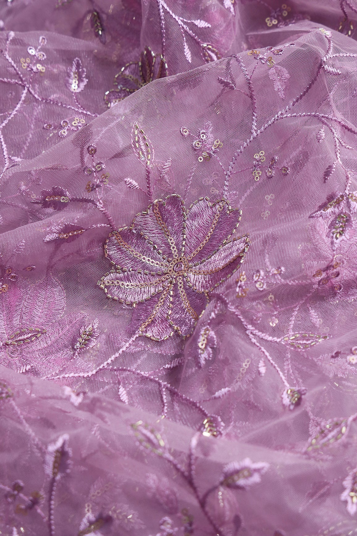 Lavender Thread & Beads With Gold Sequins Floral Leafy Embroidery Work On Lavender Soft Net Fabric - doeraa