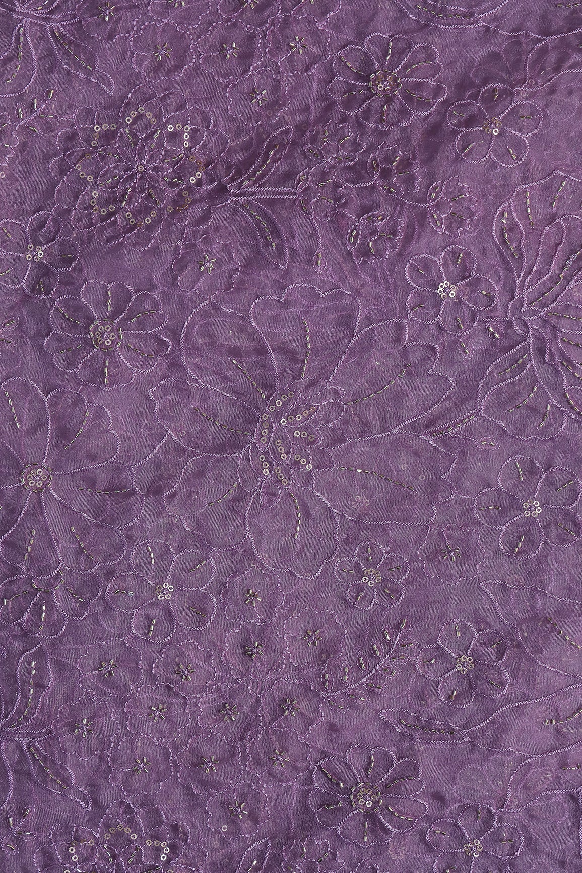 Lavender Thread & Beads With Sequins Floral Embroidery Work On Lavender Organza Fabric - doeraa