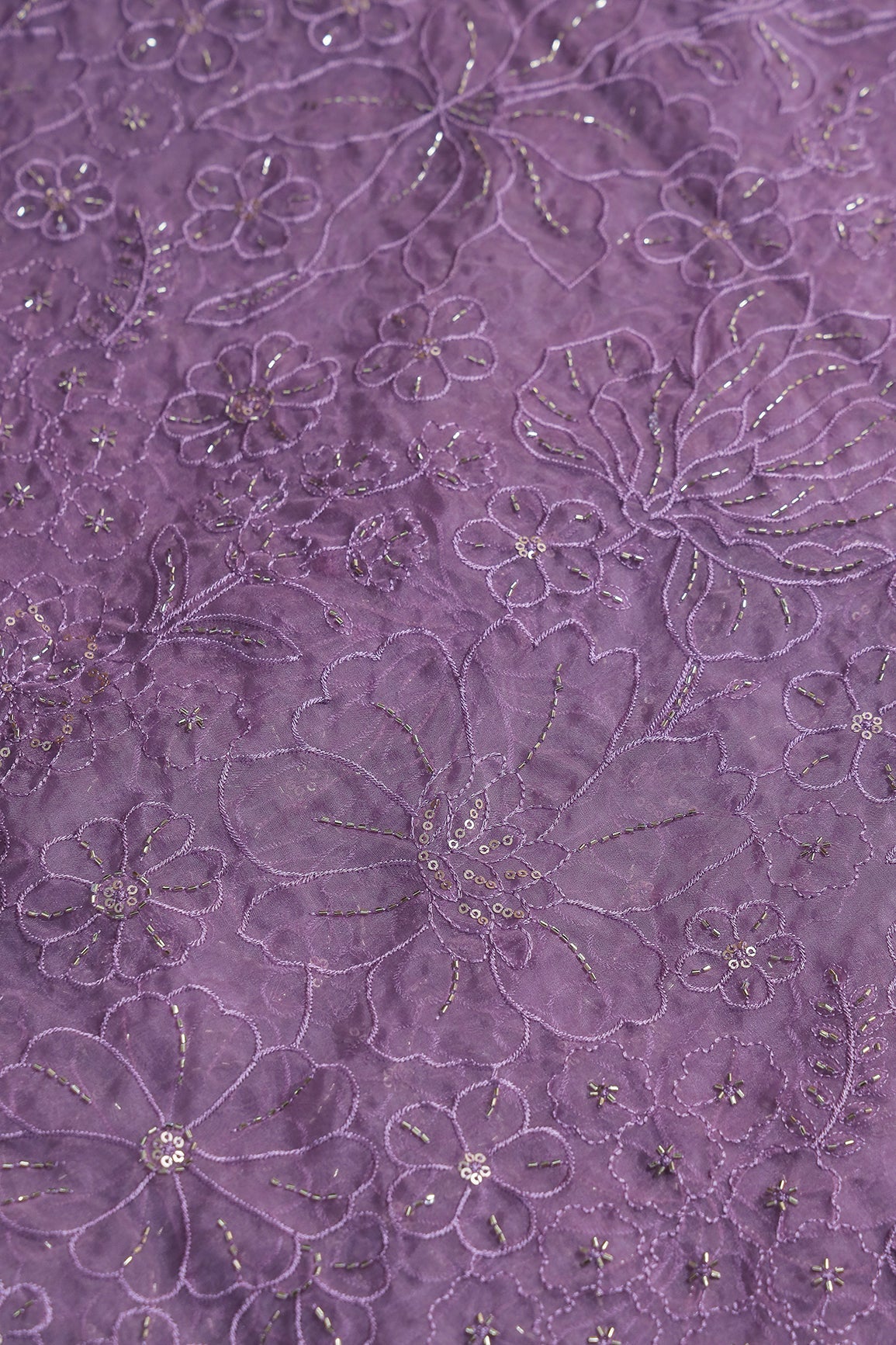 Lavender Thread & Beads With Sequins Floral Embroidery Work On Lavender Organza Fabric - doeraa