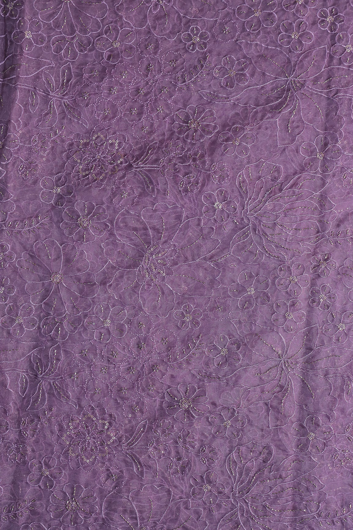 Lavender Thread & Beads With Sequins Floral Embroidery Work On Lavender Organza Fabric - doeraa