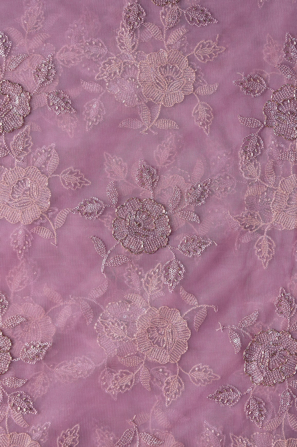 Lavender Thread & Beads With Water Sequins Floral Embroidery Work On Lavender Soft Net Fabric - doeraa