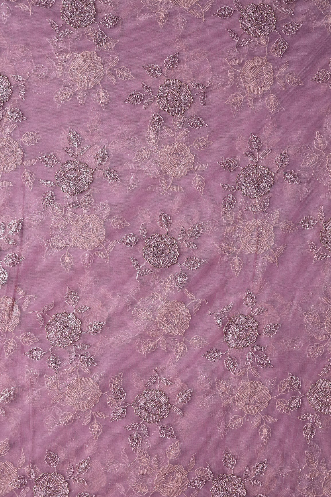 Lavender Thread & Beads With Water Sequins Floral Embroidery Work On Lavender Soft Net Fabric - doeraa