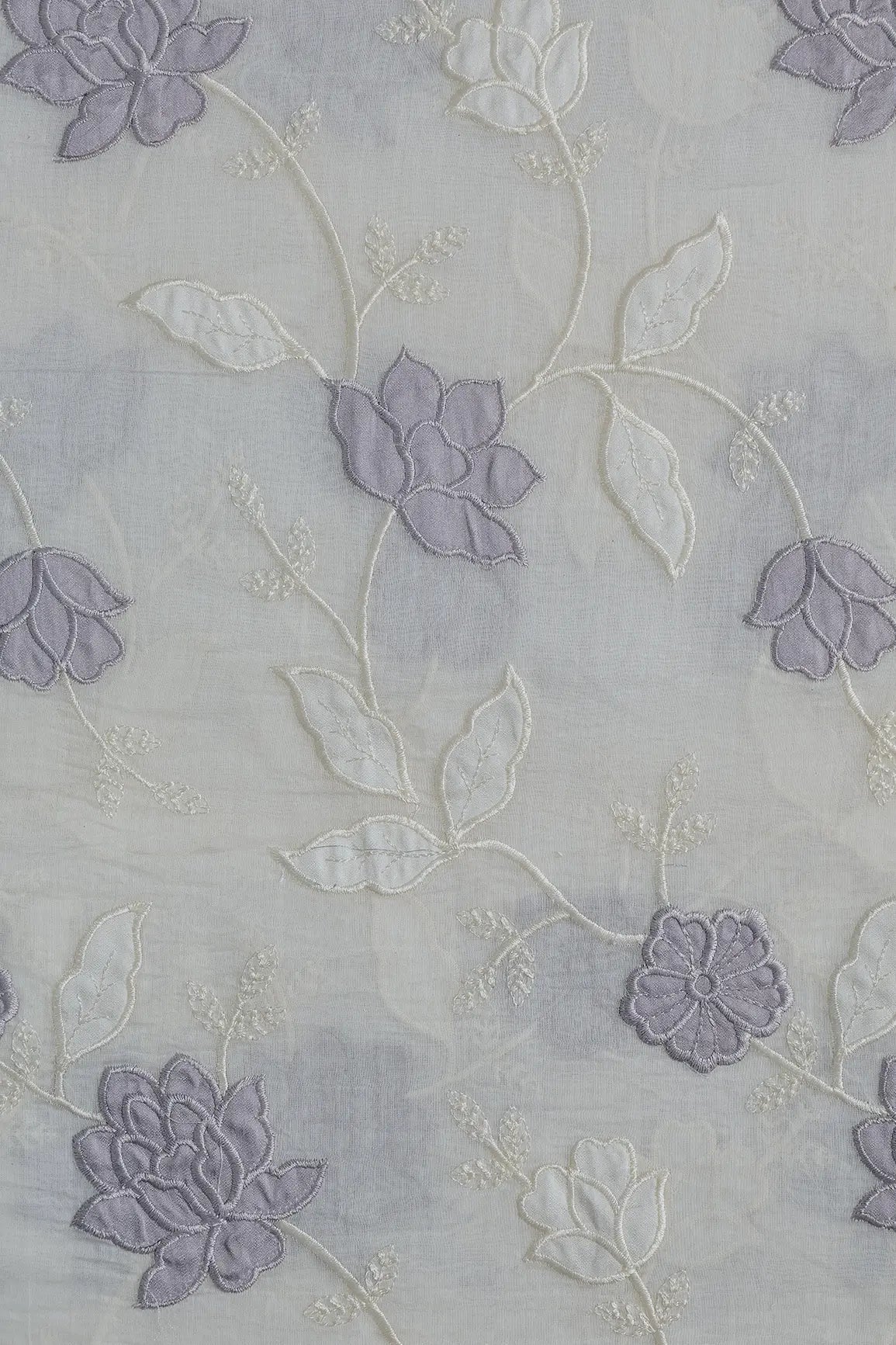 Lavender Thread Elegant Floral Embroidery Work On Off White Pure Mul Chanderi Silk Fabric - doeraa