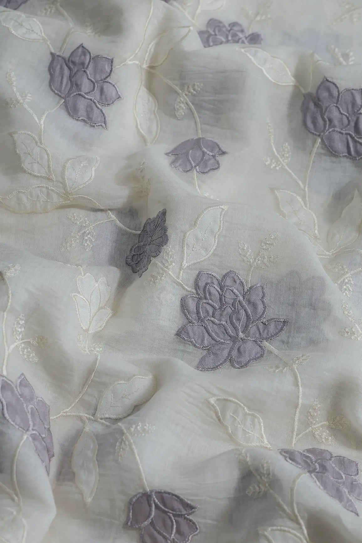 Lavender Thread Elegant Floral Embroidery Work On Off White Pure Mul Chanderi Silk Fabric - doeraa