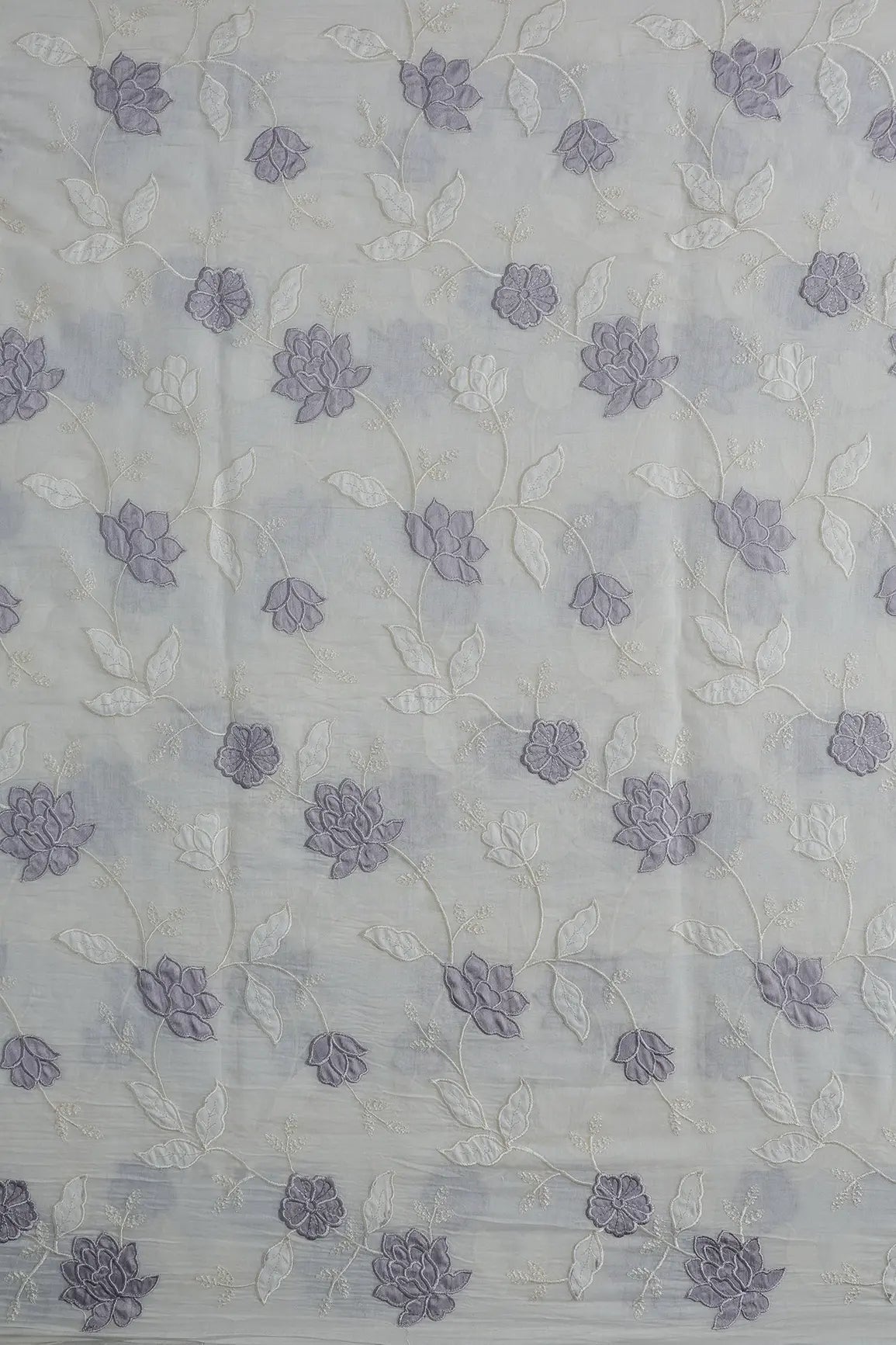 Lavender Thread Elegant Floral Embroidery Work On Off White Organic Cotton Fabric