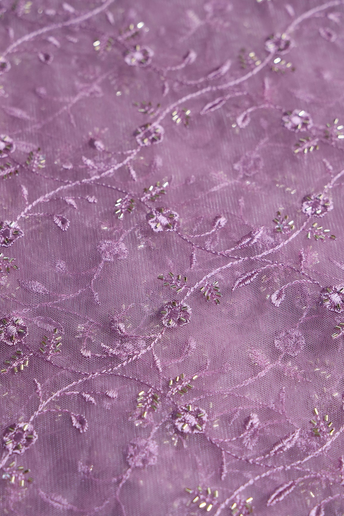 Lavender Thread With Beads Floral Leafy Embroidery Work On Lavender Soft Net Fabric - doeraa
