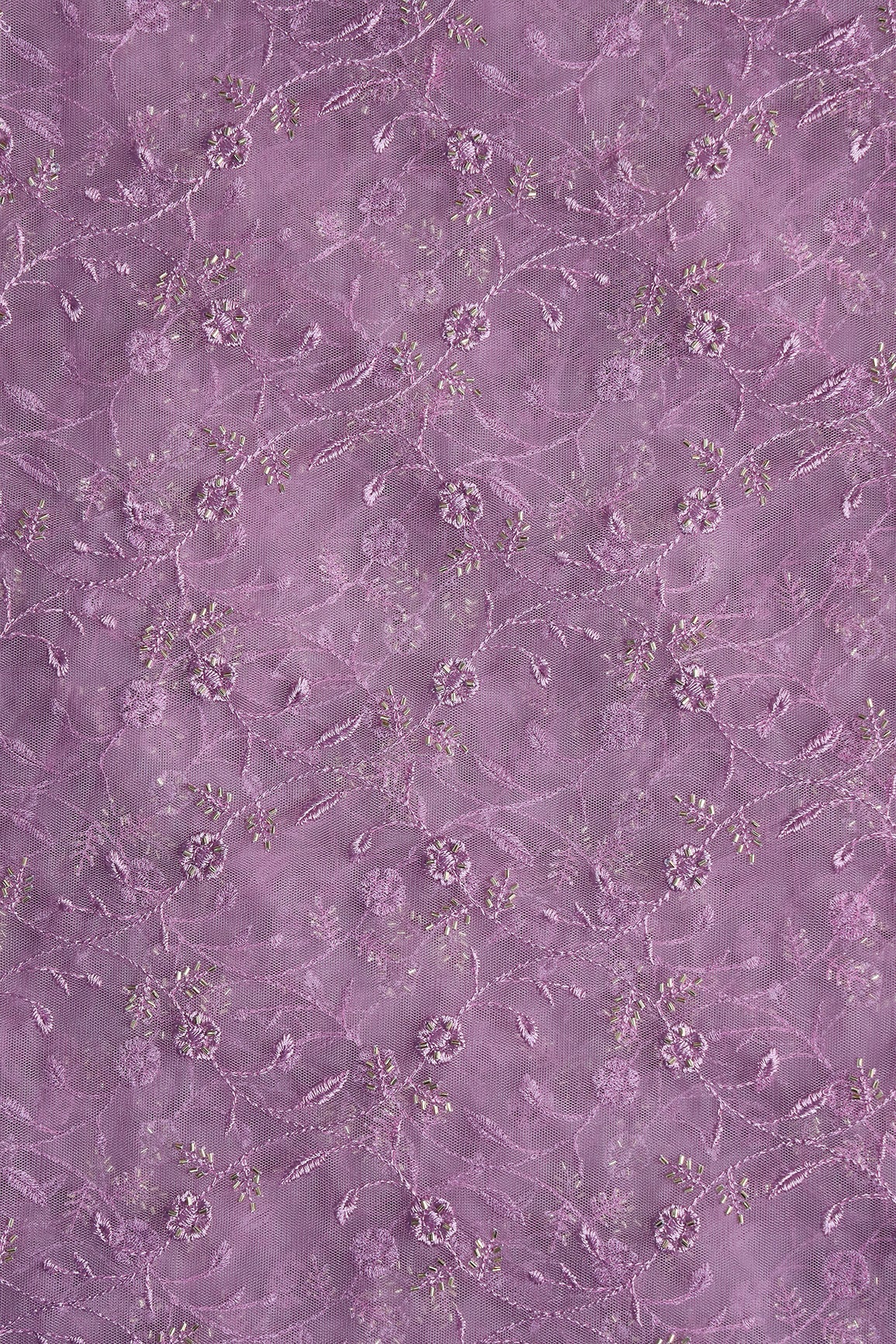 Lavender Thread With Beads Floral Leafy Embroidery Work On Lavender Soft Net Fabric - doeraa