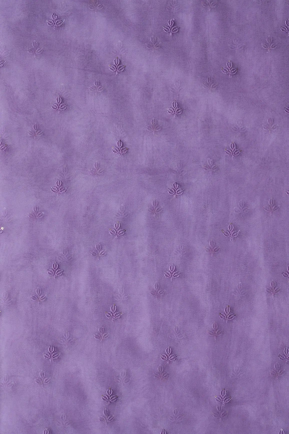 Lavender Thread With Sequins Beautiful Small Leafy Embroidery Work On Lavender Organza Fabric - doeraa