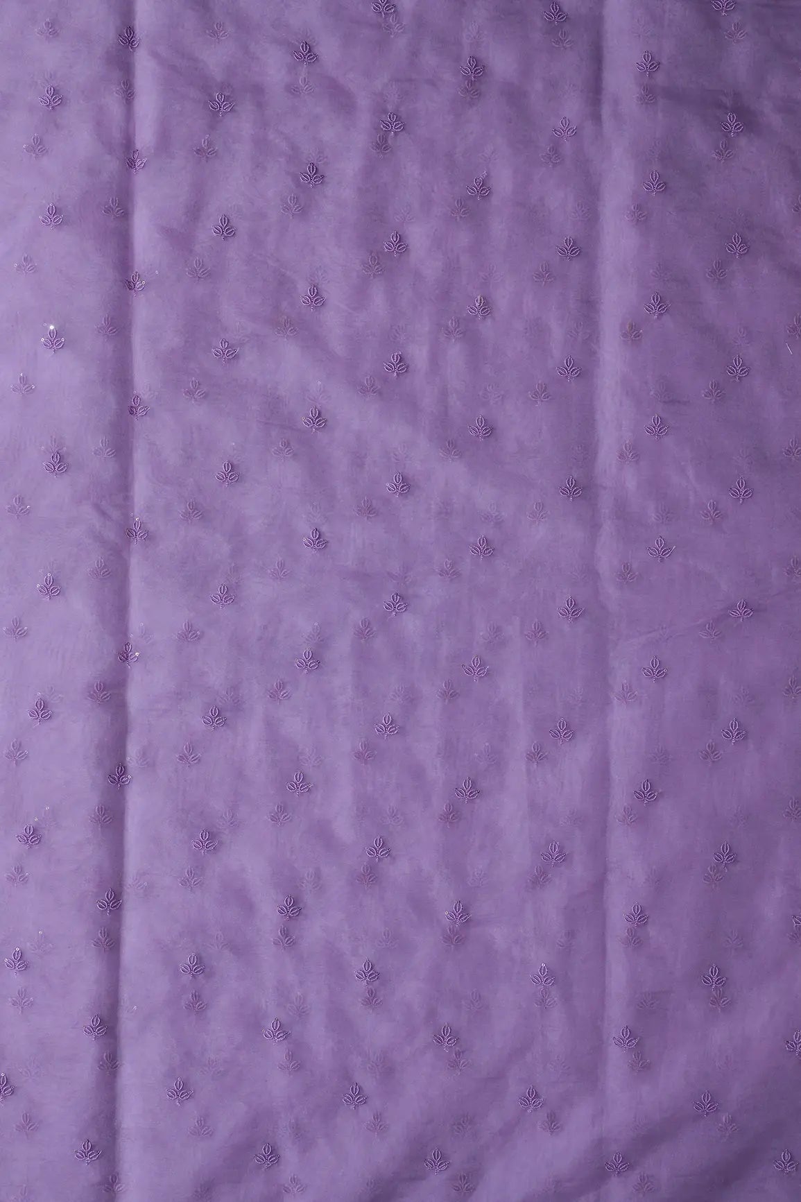 Lavender Thread With Sequins Beautiful Small Leafy Embroidery Work On Lavender Organza Fabric - doeraa