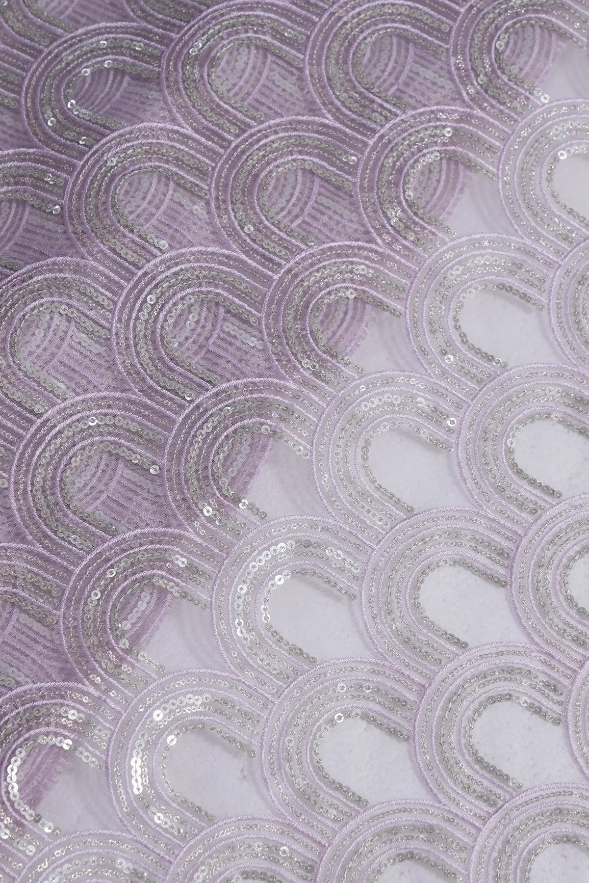 Lavender Thread With Silver Sequins Abstract Embroidery Work On Lavender Soft Net Fabric - doeraa