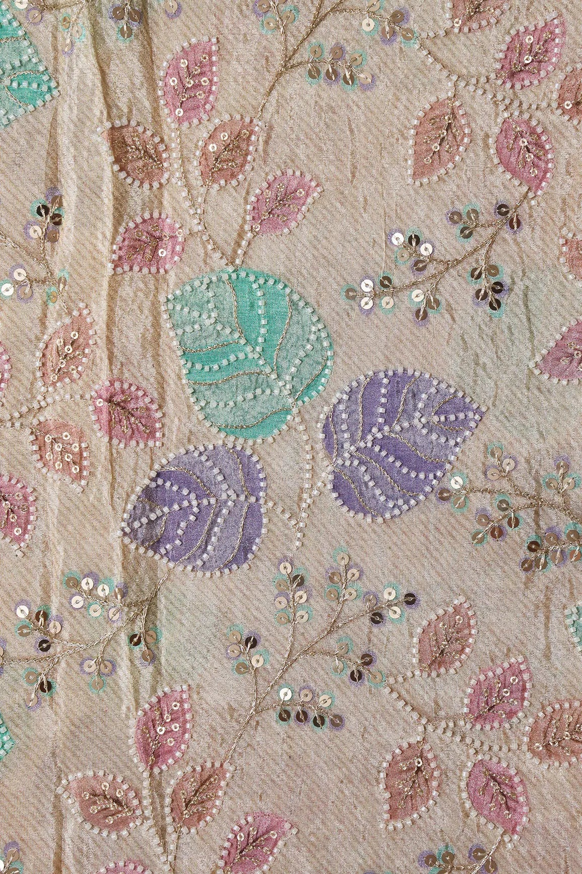 Leafy Position Print With White Beads And White Sequins Embroidery On Light Beige Viscose Zari Tissue Fabric - doeraa