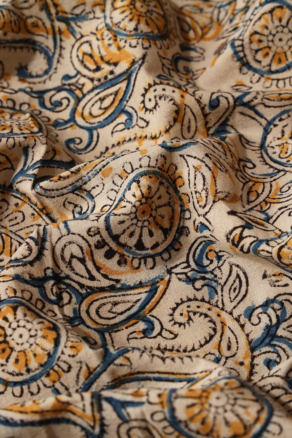 Light Beige And Blue Paisley Pattern Handblock Kalamkari Organic Cotton Fabric - doeraa