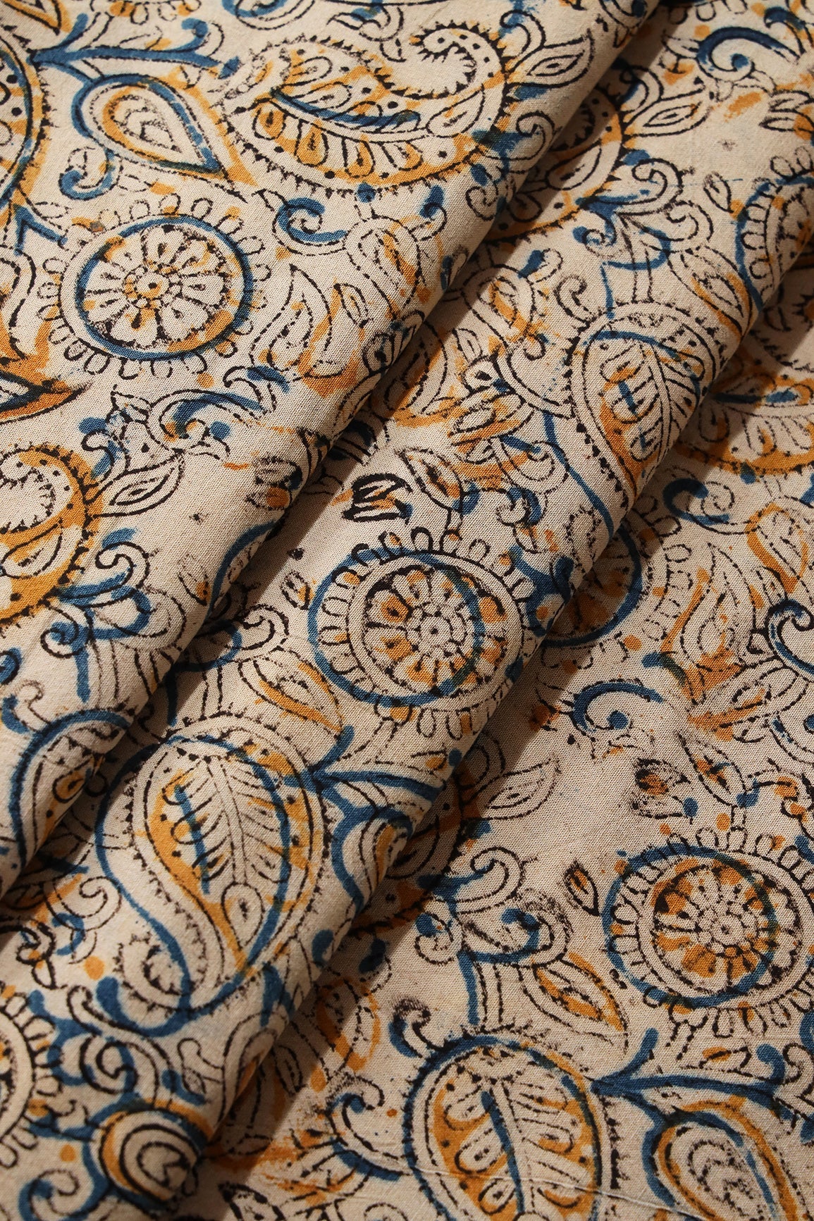 Light Beige And Blue Paisley Pattern Handblock Kalamkari Organic Cotton Fabric - doeraa