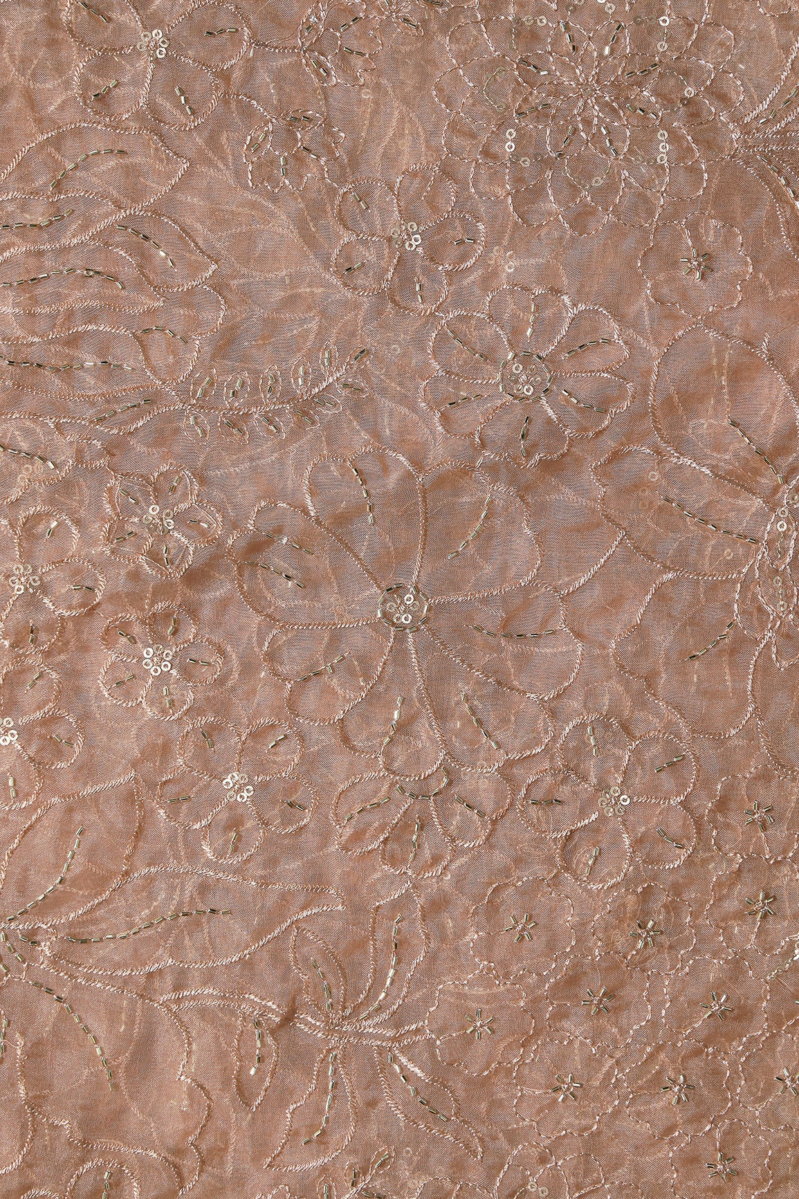 Light Brown Thread & Beads With Sequins Floral Embroidery Work On Light Brown Organza Fabric - doeraa
