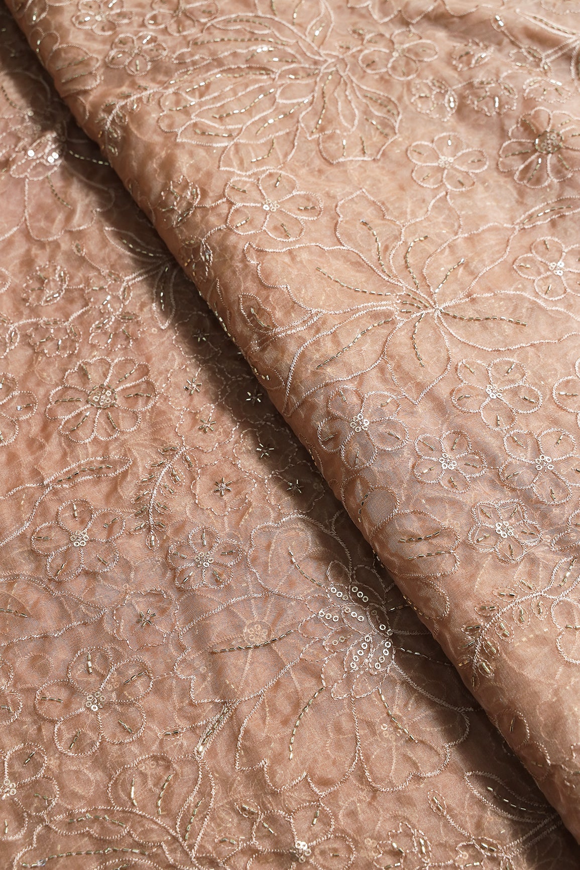Light Brown Thread & Beads With Sequins Floral Embroidery Work On Light Brown Organza Fabric - doeraa