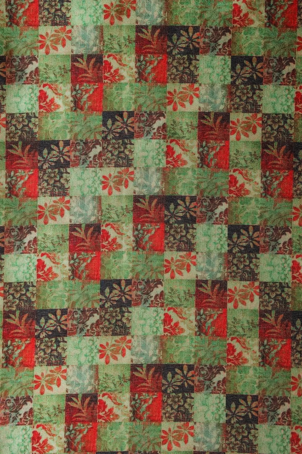 Light Green And Red Floral Checks Pattern Digital Print On Satin Fabric - doeraa