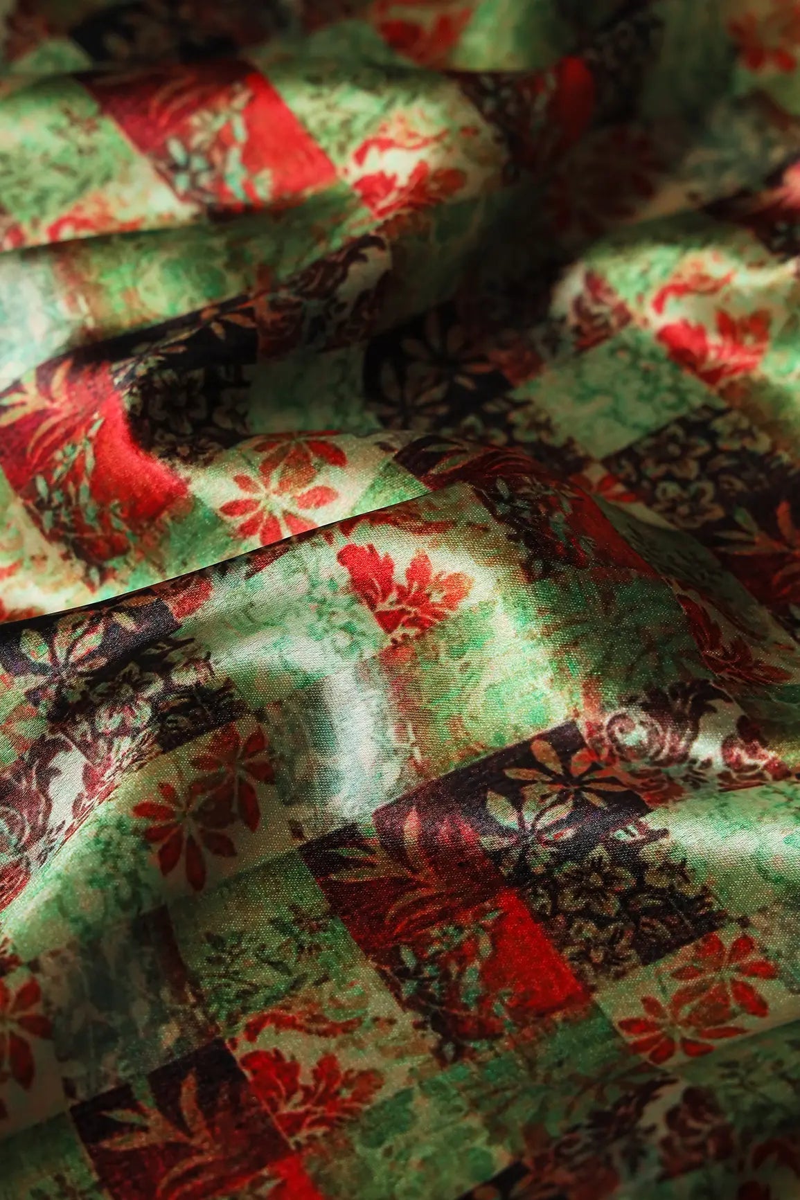 Light Green And Red Floral Checks Pattern Digital Print On Satin Fabric - doeraa