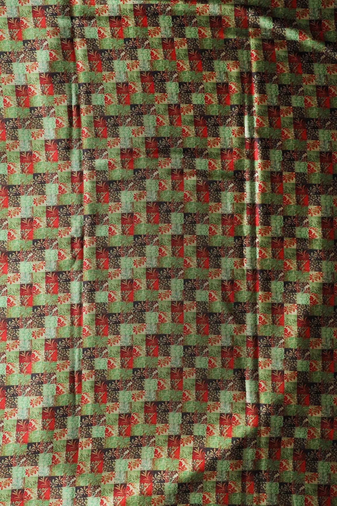 Light Green And Red Floral Checks Pattern Digital Print On Satin Fabric - doeraa