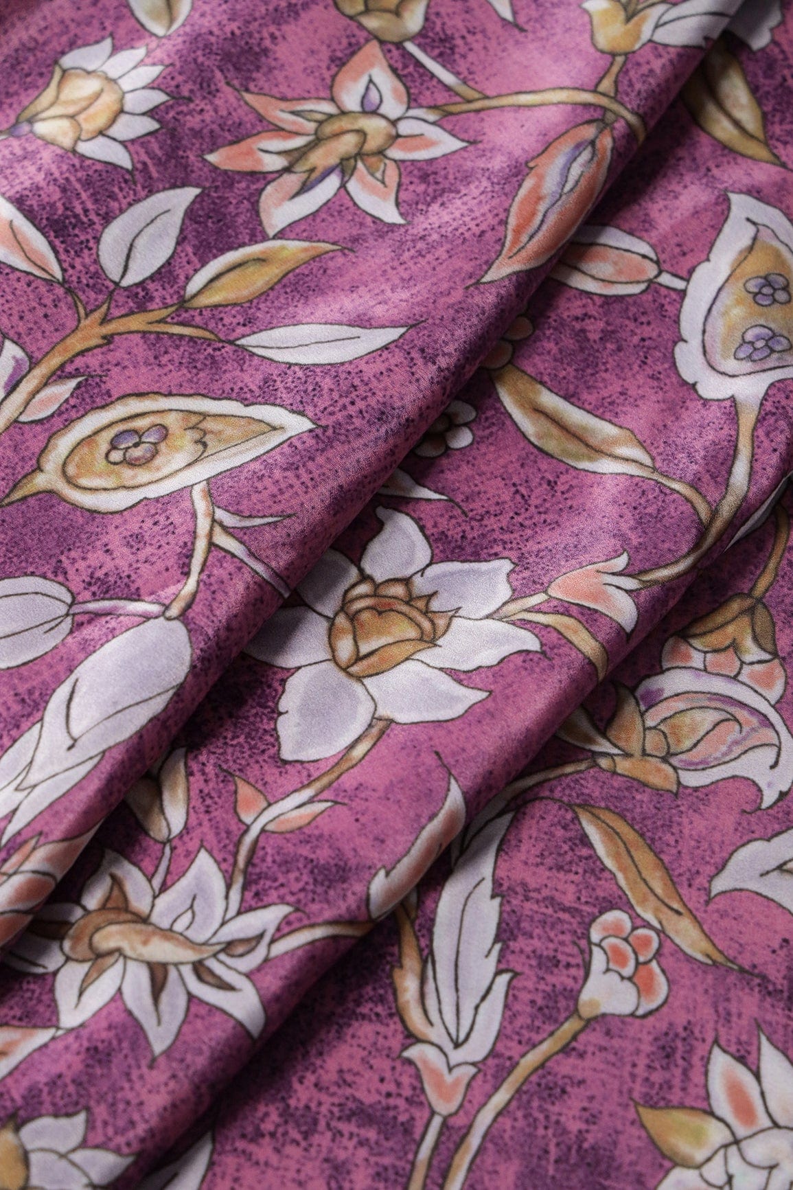 Light Grey Floral Digital Print On Orchid Purple Crepe Fabric - doeraa