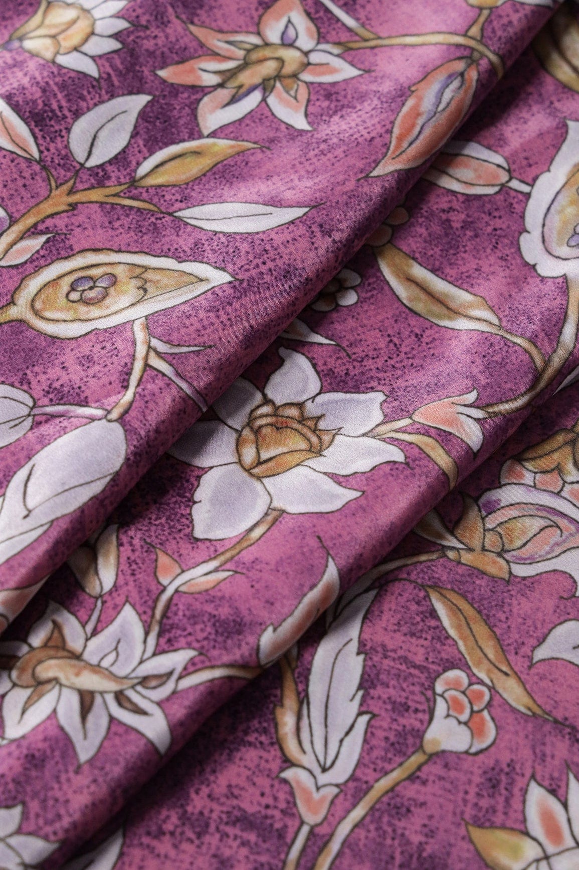 Light Grey Floral Digital Print On Orchid Purple Crepe Fabric - doeraa
