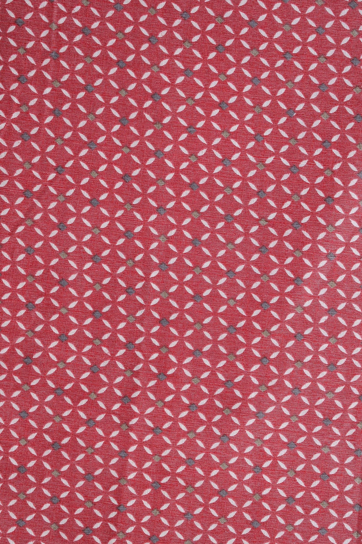 Light Maroon And White Geometric Pattern On Pure Rayon Fabric - doeraa