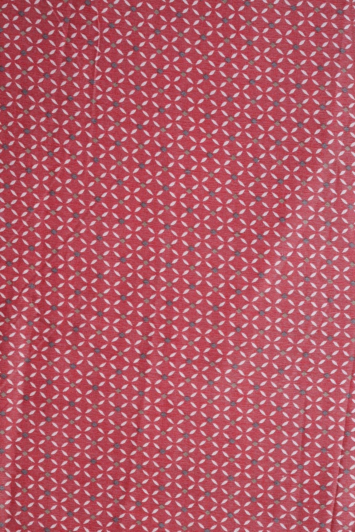 Light Maroon And White Geometric Pattern On Pure Rayon Fabric - doeraa