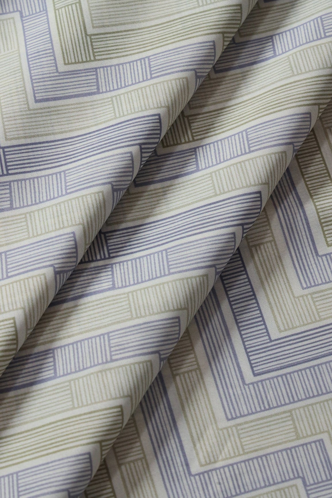 Light Olive And Slate Blue Chevron Pattern Digital Print On French Crepe Fabric - doeraa