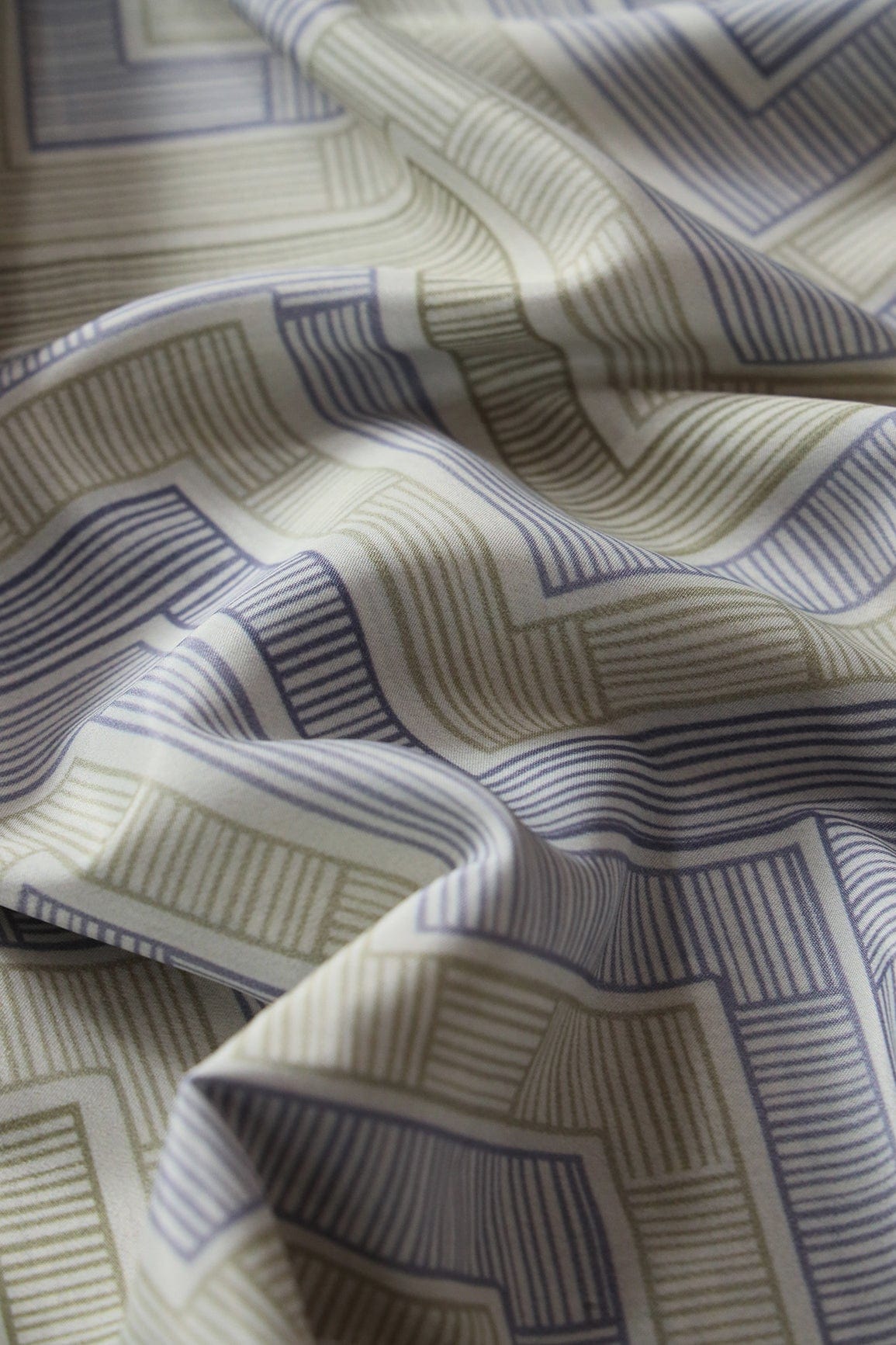 Light Olive And Slate Blue Chevron Pattern Digital Print On French Crepe Fabric - doeraa