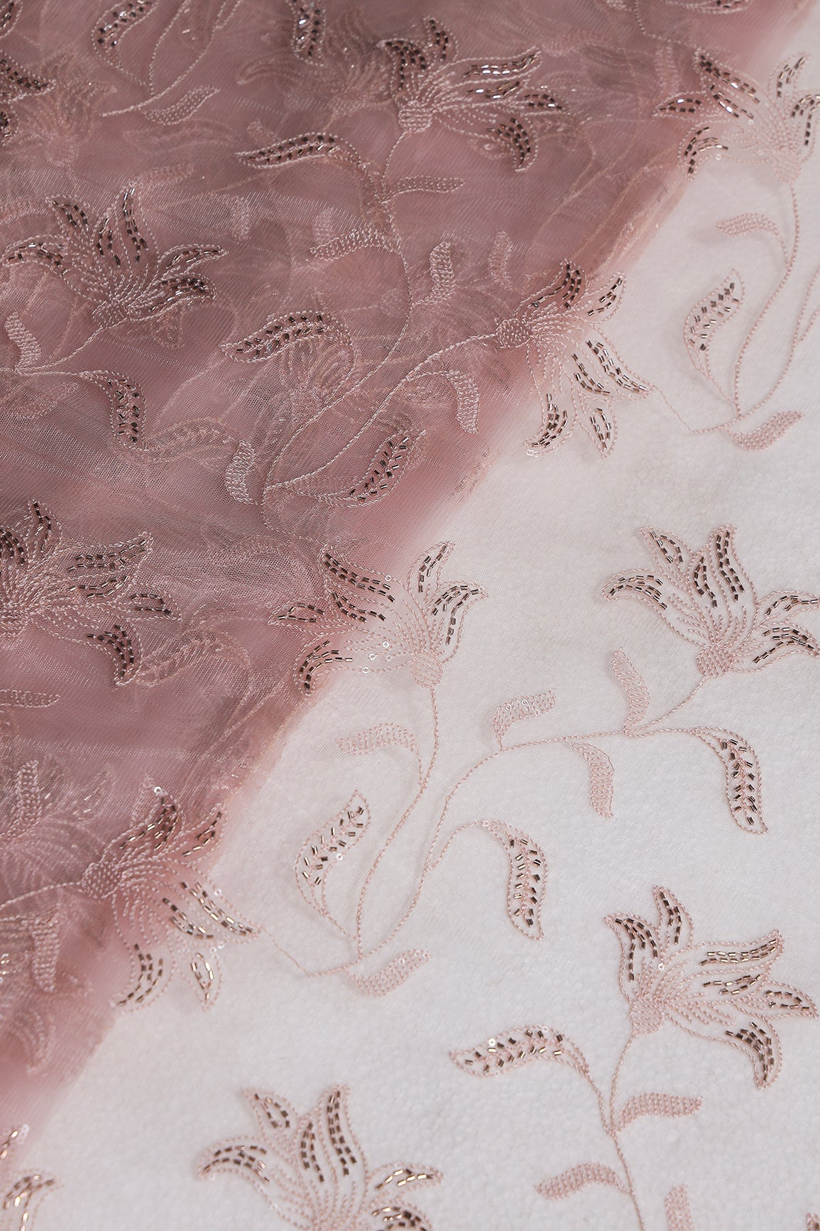 Light Pink Thread & Beads With Water Sequins Floral Leafy Embroidery Work On Light Pink Soft Net Fabric - doeraa