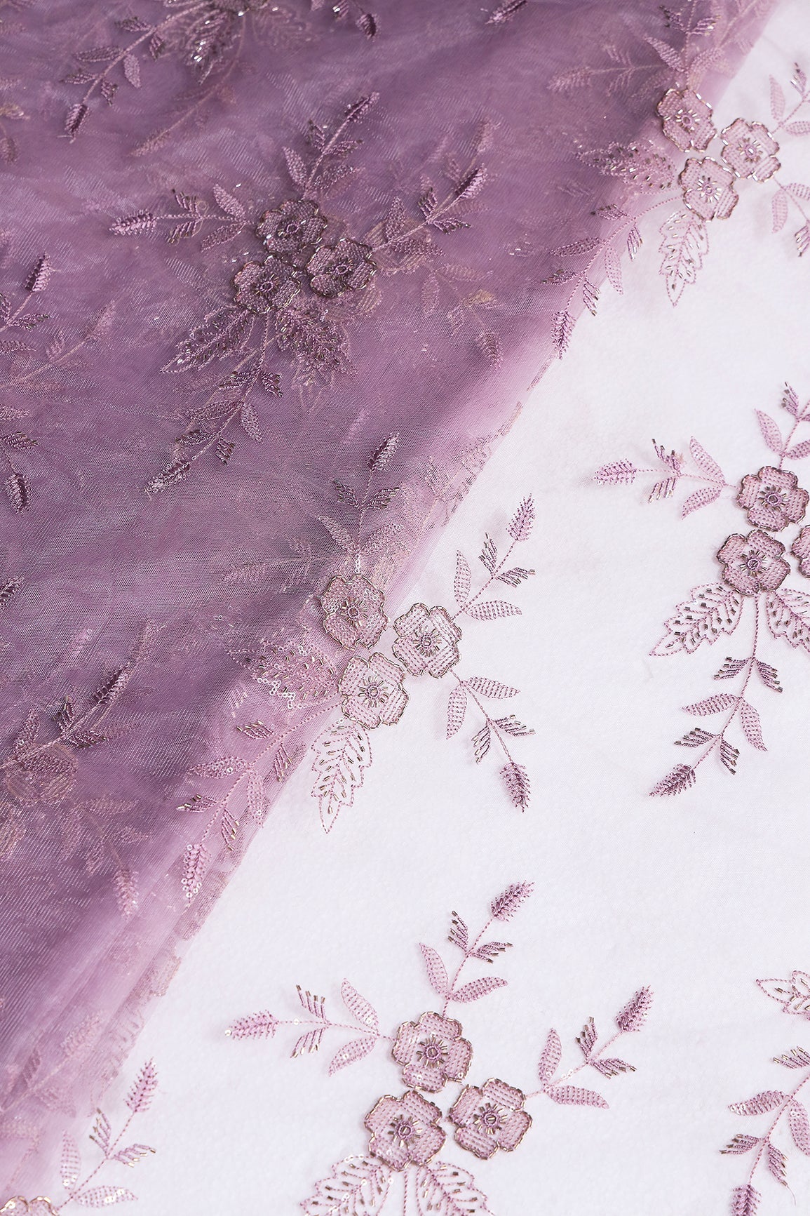 Light Purple Thread & Beads With Water Sequins Floral Embroidery Work On Light Purple Soft Net Fabric - doeraa