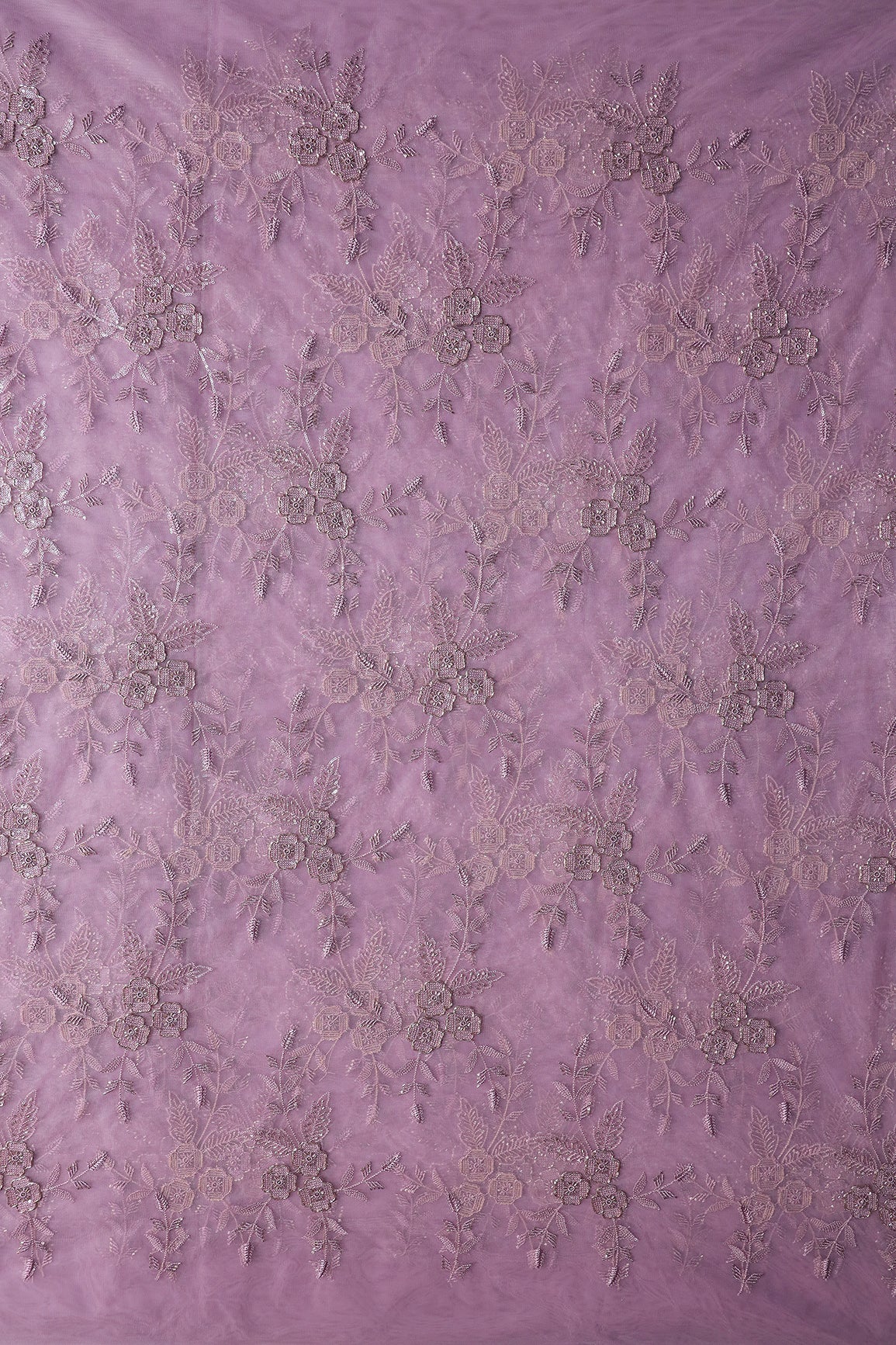 Light Purple Thread & Beads With Water Sequins Floral Embroidery Work On Light Purple Soft Net Fabric - doeraa