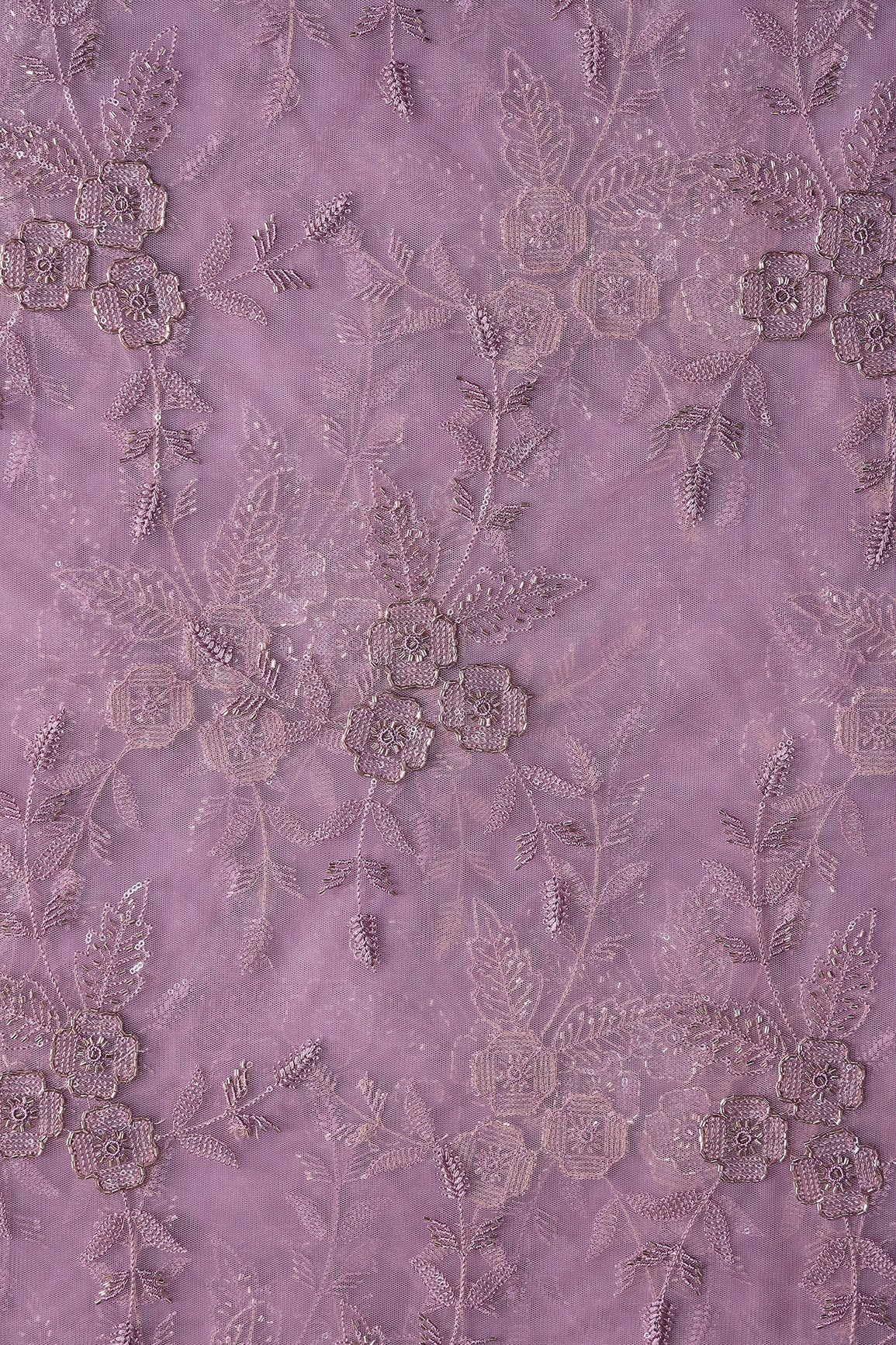 Light Purple Thread & Beads With Water Sequins Floral Embroidery Work On Light Purple Soft Net Fabric - doeraa