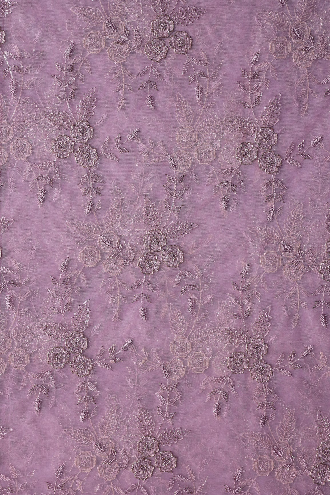 Light Purple Thread & Beads With Water Sequins Floral Embroidery Work On Light Purple Soft Net Fabric - doeraa