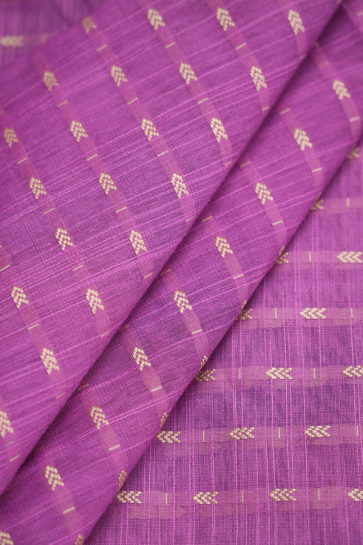 Lilac Purple And Beige Geometric Pattern Handwoven Two Tone Chanderi Silk Fabric - doeraa