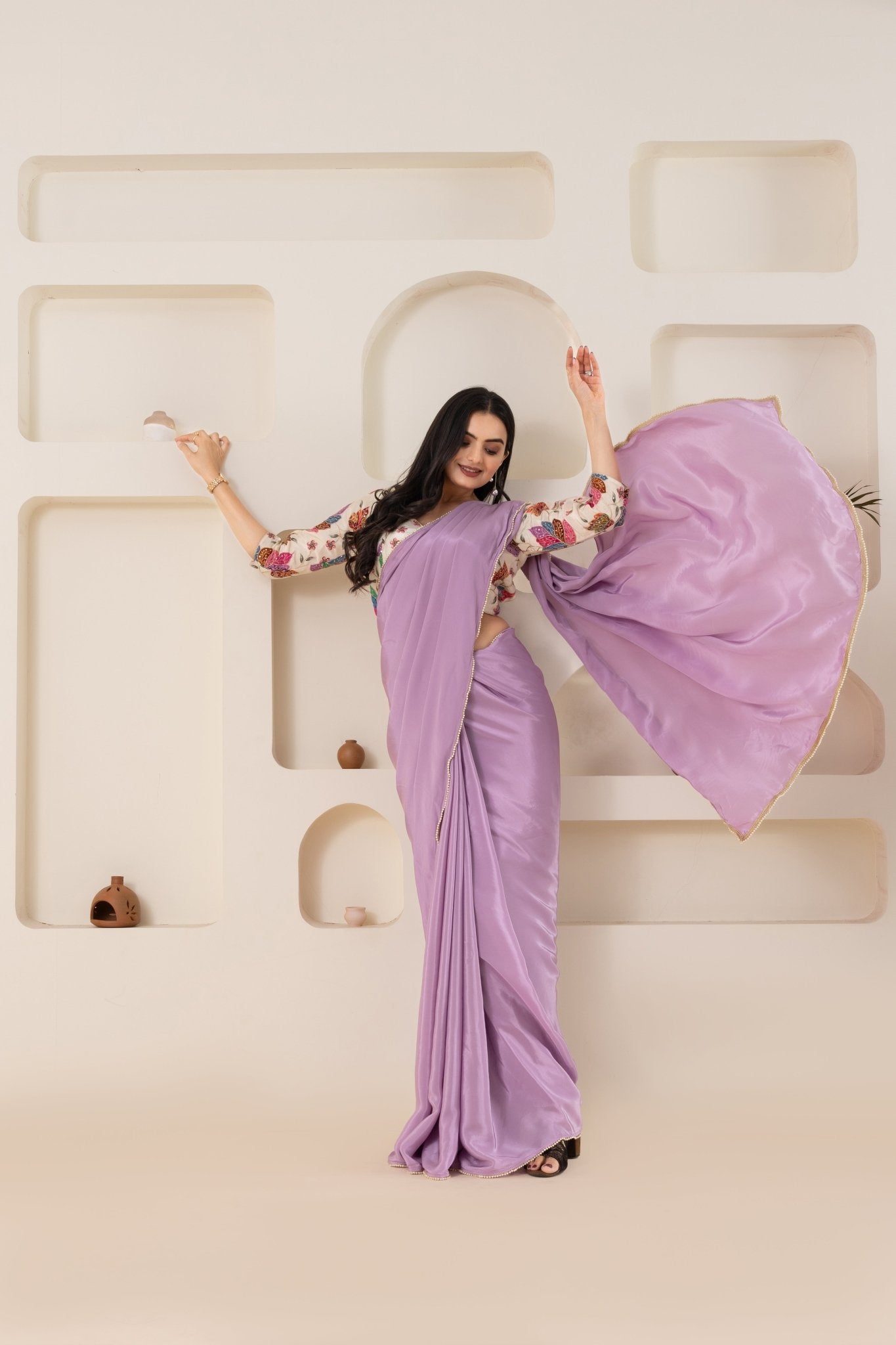 Lilac Purple And Cream Pure Viscose Crepe Saree Set With Border (Saree With Blouse Piece) - doeraa