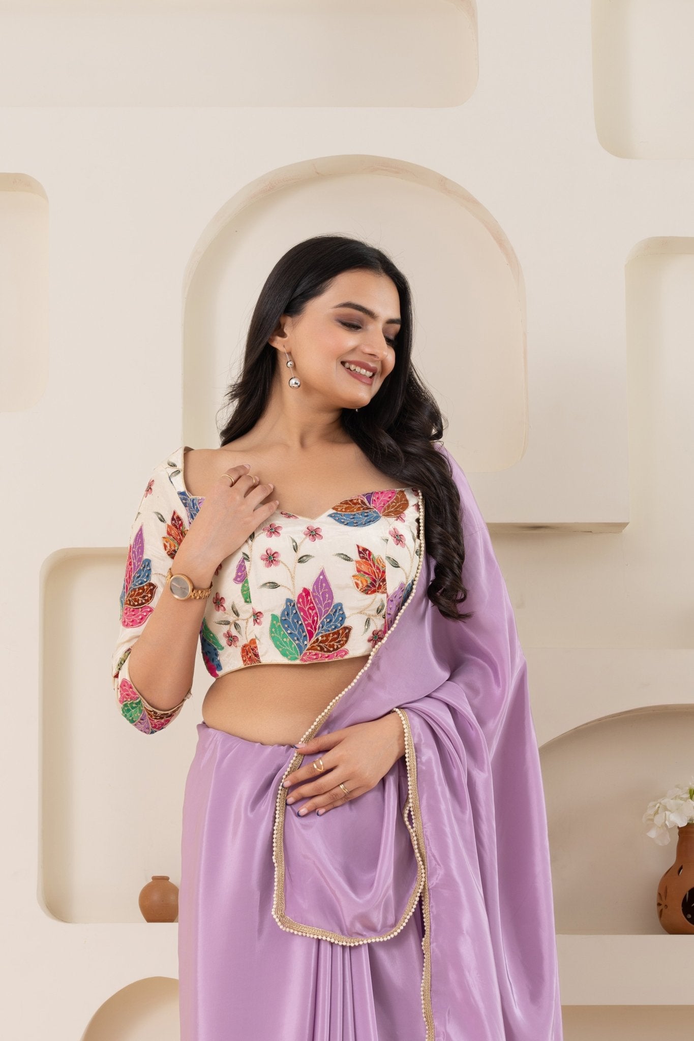 Lilac Purple And Cream Pure Viscose Crepe Saree Set With Border (Saree With Blouse Piece) - doeraa