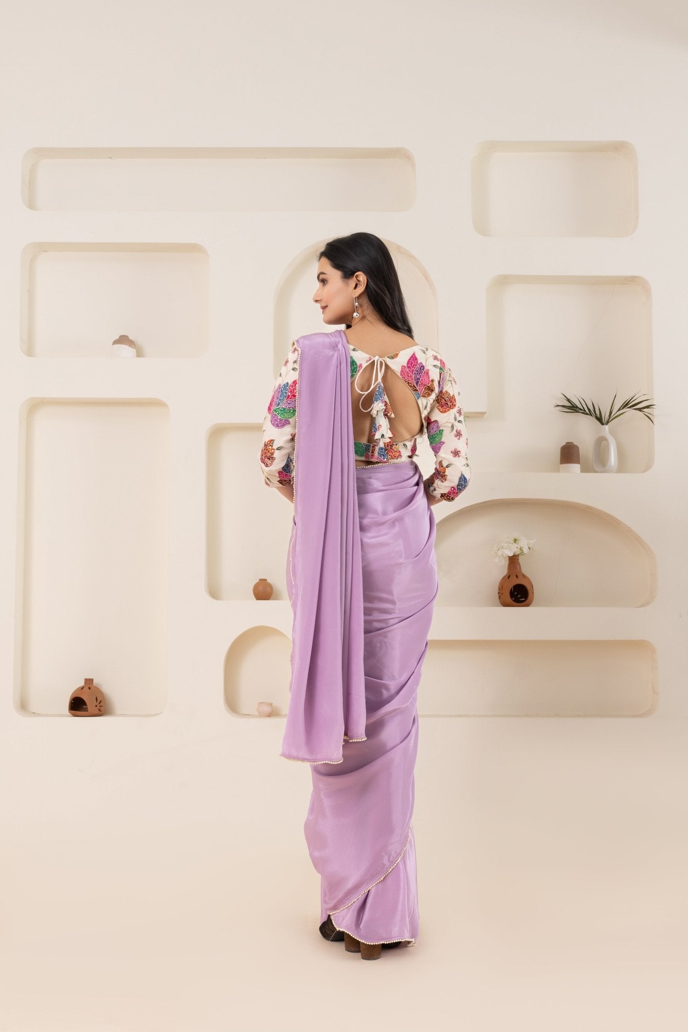 Lilac Purple And Cream Pure Viscose Crepe Saree Set With Border (Saree With Blouse Piece) - doeraa