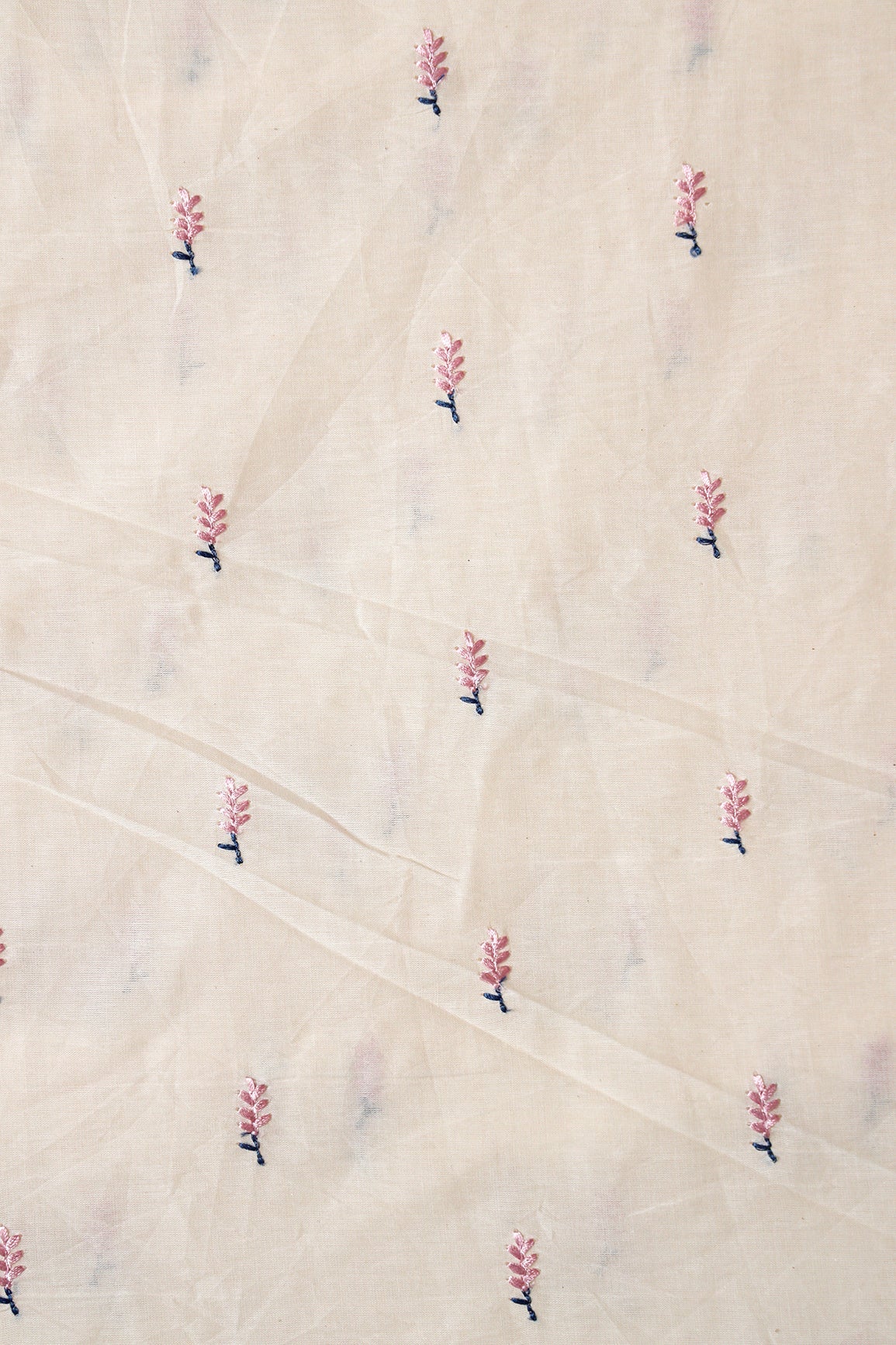 Lilac Small Leafy Embroidery On Off White Pure Cotton Fabric - doeraa