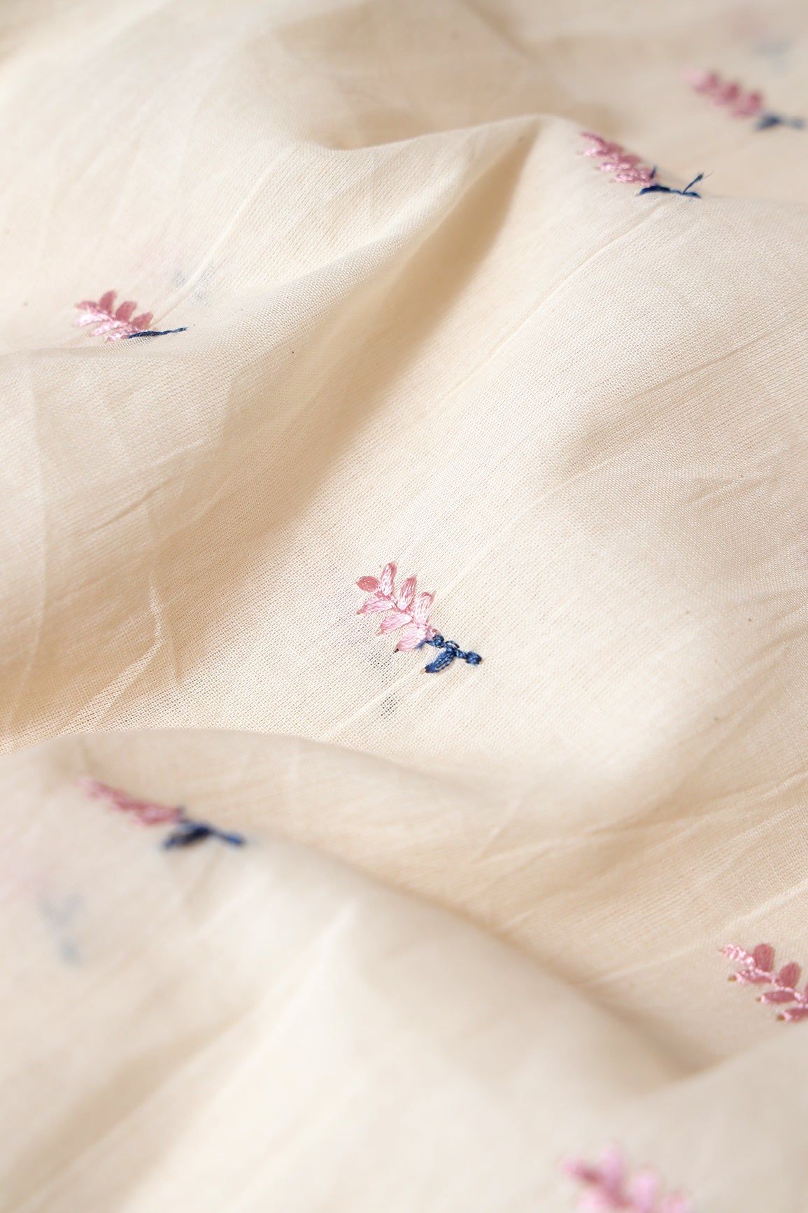 Lilac Small Leafy Embroidery On Off White Pure Cotton Fabric - doeraa