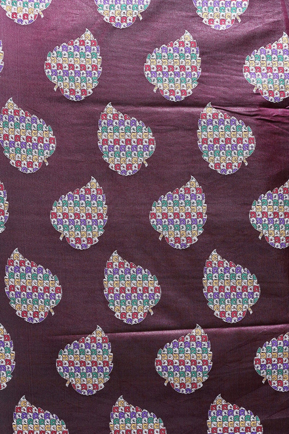 Magenta Leafy Silk Satin Jute Banarasi Jacquard Fabric - doeraa
