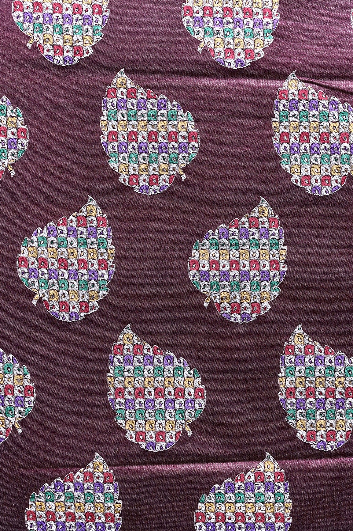 Magenta Leafy Silk Satin Jute Banarasi Jacquard Fabric - doeraa